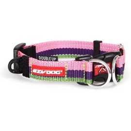 EzyDog Double Up Premium Nylon Dog Collar with Reflective Stitching - Double D-Rings for Superior Strength, Safety, and Comfortability - Non-Rusting and Includes an ID Attachment (Medium, Bubble Gum)