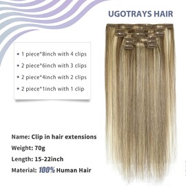 UGOTRAYS Clip in Hair Extensions,12 Inch 70g Ash Blonde Mixed Bleach Blonde Hair Extensions Clip in Hair Extensions Real Human Hair Double Weft 7pcs #18p613