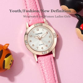 TASGO Women's Leather Quartz Watch Easy Read Watch with Diamond Luminous Waterproof Fashion Wristwatch for Women Ladies Girls (Rose Pink)
