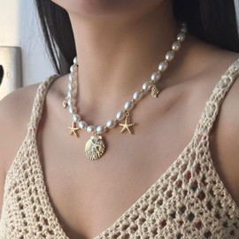 RINHOO Charm Necklace for Women 14K Gold Plated Shell Starfish Bow Pendant Necklace Summer Beach Paperclip Chain Jewelry Gifts (Style 2)