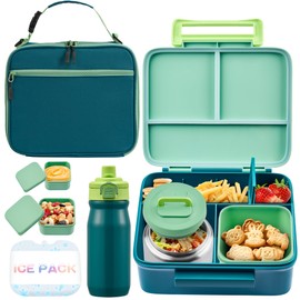 Bento Lunch Box for Kids with Thermos, Leakproof Bento Box with 8oz Insulated Food Jar, Insulated Bottle, Lunch Bag, BPA Free Dishwasher Safe 4 Compartment Container for School Girls Boys (Green)