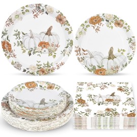 150Pcs Fall Paper Plates and Napkins Party Supplies Autumn Thanksgiving Disposable Plates Napkin White Pumpkin Plates Tableware Set for Fall Decor Thanksgiving Party Supplies,Serve 50 Guests