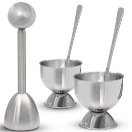 vibedor Egg Cups & Cracker Set of 5, 1 Stainless Steel Egg Topper Cutter - 2 Egg Holders for Soft Boiled Eggs - 2 Egg Spoons for Boiled Eggs