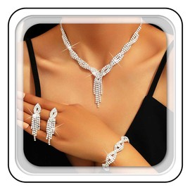 Aukmla Rhinestones Prom Bridal Jewelry Set Sparkly Wedding Necklace Earrings Bracelet Sets for Women and Brides (Silver)