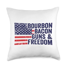 Funny Bourbon Drinking Bacon & Guns USA Flag Bourbon Bacon Guns & Freedom-Drinking BBQ Grill USA Flag Throw Pillow, 18x18, Multicolor
