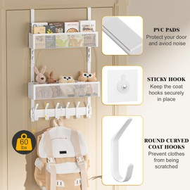 LUCYCAZ LUCYCAZ Adjustable Over The Door Hooks Organizer, Hanger Storage with 10 Coat Hooks & 2 Mesh Basket, Over The Door Towel Rack Organizer for Bathroom, Bedroom, Kitchen (White)