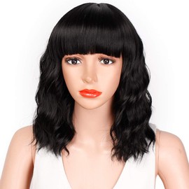 AISI HAIR Bob Curly Wig Synthetic Short Black Wig with Bangs Natural Looking Heat Resistant Fiber Hair for Women