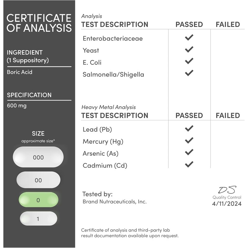 Boric Acid Suppositories (600mg Vaginal Suppository, 60 Count) Supports Vaginal