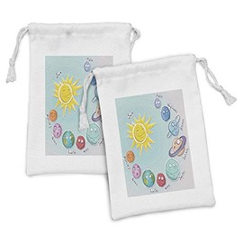 Ambesonne Space Fabric Pouch Set of 2, Cartoon Sun Planets of Solar System Fun Celestial Chart Theme, Small Drawstring Bag for Toiletries Masks and Favors, 9" x 6", Multicolor