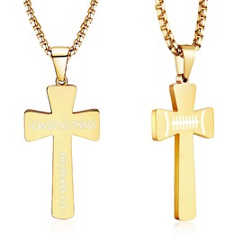 XIEXIELA Football Cross Pendant Necklace for Boys,Football Silicone Bracelets,I CAN DO All Things Strength Bible Verse Stainless Steel Necklace Gold