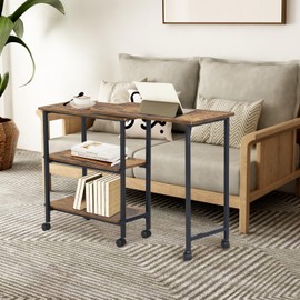 FurnitureR Sofa Side Table 360° Rotating, Mobile Couch Table with Shelves, Swivel Rolling Desk Convertible with Wheels, L-Shaped Laptop Tables with Sturdy Metal Frame, Space-Saving, Vintage Brown