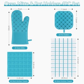 Oven Mitts Kitchen Towels Dishcloths with Pot Holders Sets 12PCS, Dish Towels Sets, Oven Gloves Pot Pads Heat Resistant 500 Degrees with Non-Slip Silicone Surface for Cooking Baking Grilling (Blue)