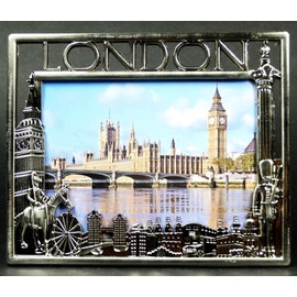 Small Metal Photo Frame (9.0 cm x 7.5 cm, Nickel Effect) - London Multi Scenes, London Collectable Souvenir