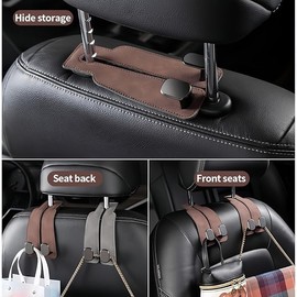 Ananege Car Purse Hook, 4 Pack Universal Headrest Hooks for Car, Durable Leather Car Seat Hooks for Purses, Bags & Coats (Brown, Large)
