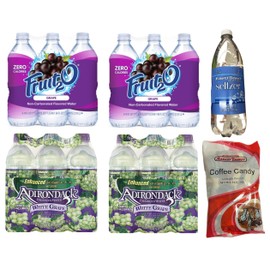 Fruit2O Zero Calorie Flavored Water Grape 16.9oz (12 bottles) + Adirondack Enhanced Water White Grape Fruit Flavored Beverage 16.9oz (12 bottles) + Water Seltzer Original 1 Liter + Coffee Candy Market Basket 5oz