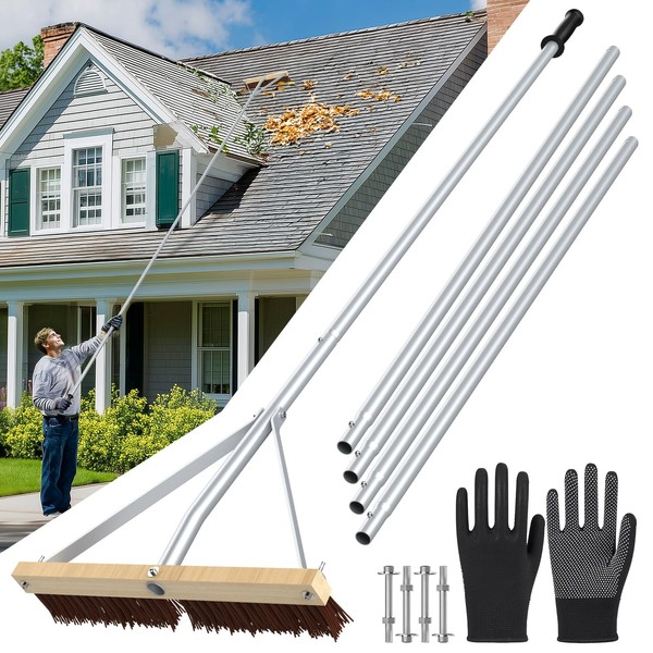 21 FT Adjustable Leaf Roof Brush with Gloves, Extendable Roof