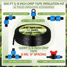 Tondiamo 500 ft 5/8 Inch Drip Tape Irrigation Tubing Kit 8 Mil 6" Spacing Hose Garden Landscape Irrigation System Automatic Equipment for Farms