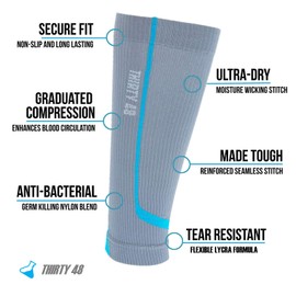 Graduated Compression Sleeves Thirty48 Cp Series, Prevents Calf and Shin Splints ; Relieves Lower Leg Pain and Cramps ; Maximize Faster Recovery by Increasing Oxygen to Muscles ; Money Back Guarantee Gray/Blue Small
