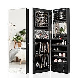 CHARMAID LED Strip Jewelry Armoire with 47.2" H Full Length Mirror, Wall/Door Mounted Jewelry Organizer with Built-in Mirror, Flip-over Cosmetic Tray, 4 Drawers, Large Storage Jewelry Cabinet (Black)