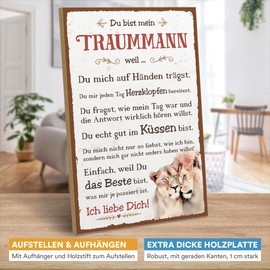 ARTFAVES® Wooden Sign with Saying "Du bist mein Traummann | Shabby Chic Sign Retro Vintage Decoration Gift | Love, Partner | Size: 19 x 28 cm