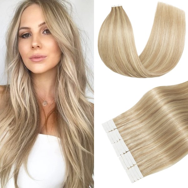 S-noilite Tape-In Real Hair Extensions, 20 Pieces, Dark Golden Blonde Mixed with Medium Blonde, Remy Invisible Tape-In Hair Extensions, Tape-In Real Hair Extensions, 40 cm, 50 g, #16P22