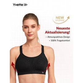 Yvette Sports Bra Strong Hold Adjustable Straps Crossed Back Large Sizes for Fitness Running Yoga, Black/printed