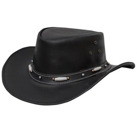Dream Apparel Black Leather Cowboy Hat for Men Women Western Australian Outback Hat with Shapeable Wide Brim, Aussie Style Leather Hat, Size 3XL