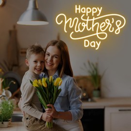 Mother’s Day LED Neon Sign, Happy Mother Day Neon Sign Wall Decor, Warm White Mom Neon Light Sign, Neon Signs for Wall Decor Bedroom Home Restaurant Party Gift 17.7” × 11.8”