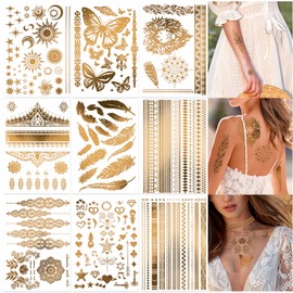 DPKOW 9 Sheets Gold Temporary Tattoos - Moon Star Butterfly Glitter Tattoos for Festival Flash Fake Waterproof Body Art