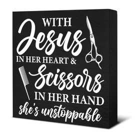 Hairstylist Gift Hairdresser Gift Rustic with Jesus in Her Heart and Scissors in Her Hand Black Wooden Sign Home Hair Salon Barbershop Decor 5×5 Inches