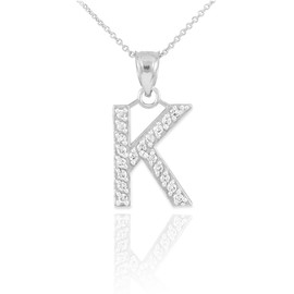 Sideways Crosses 925 Sterling Silver CZ-Studded Initial Letter K Pendant Necklace, 22"