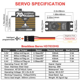 HobbyPark Waterproof 966oz-in 70KG Servo High Torque Servo Brushless Motor 8.4V HV Servo Metal Gear RC Servo Programmable for 1/8 1/10 1/12 RC Crawler RC Truck RC Car Buggy Robotic Control Angle 180°
