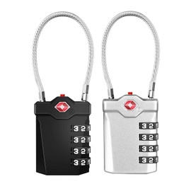ZHEGE TSA Lock, Cable Lock, Four Digit Padlock, Dial Type, Security Code, White Numbers, With Open Alert Indicator, Travel, For Luggage, Suitcase, Backpacks (Black and Silver)