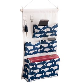 EBETA E Hanging Organiser Door Wall Organiser Utensil Bag Hanging Storage Bag for Entrance Wardrobe Bathroom 5 Compartments with 2 Key Hooks (White Whale)