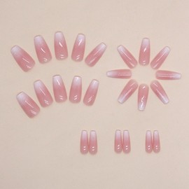 JUSTOTRY 24 Pcs Peach Pink Coffin Press on Nails Medium Designs,Glossy Solid Fake Nails with Nail Glue,Pretty French Stick on Nails for Women and Teens,Ballarina Glue on Nails for Girls Nails Art