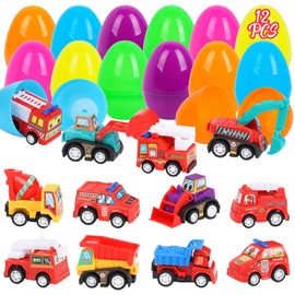 SULOLI 12 Stück Gefüllte Ostereier mit Fahrzeuge，Stadtautos und Lastwagen im Ostereier,Osterkorb Füller mit Spielzeugautos für Kinder Ostern Party