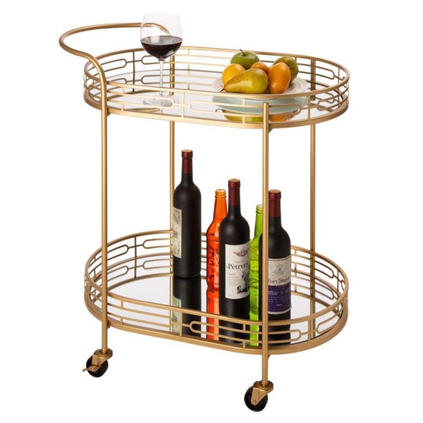 glitzhome 30.75" H Oval Gold Bar Cart with 4 Wheels 2-Tier Deluxe Tray Metal Mirrored Glass Top Rolling Serving Cart for Kitchen Living Room Hotel Wine/Tea Serving Cart