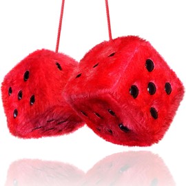 Red Fuzzy Dice for Car - Rear View Mirror Plush Cute Car Accessories for Interior - Auto Rearrview Hanging Ornament Decorations - Cool Classic Retro 1970s Aesthetic Automotive Decor - Red and Black