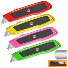 DIYSELF 4 Pack Box Cutter Retractable, Razor Knife with Auto Lock, Box Opener with 10 Blades, Box Knife, Sharp Utility Knife Retractable, Boxcutter for Cardboard, Carton, Drywall, Exacto Knife