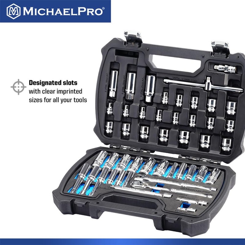 MichaelPro 50-Piece 3/8" Drive 90 Tooth Deep Socket Set, Premium