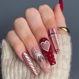 Christmas Press on Nails Long Coffin Fake Nails Red Bell Heart Stripe Glitter Design Glue on Nails Full Cover Square Artificial False Nails Winter Xmas Press on Nails for Women Girls Manicure 24 Pcs