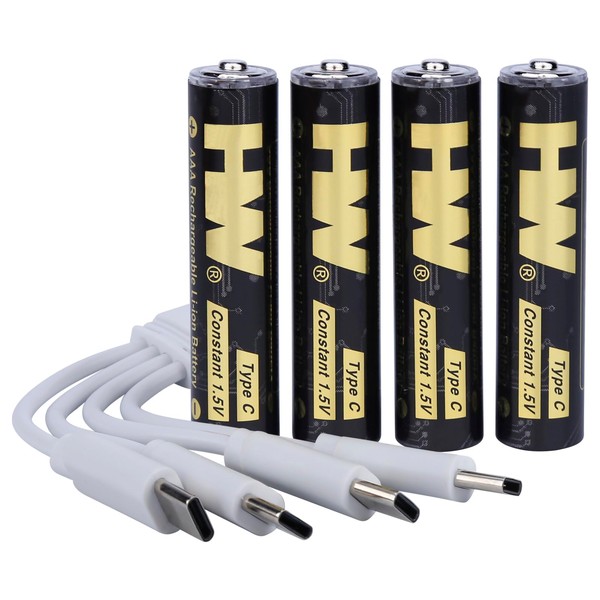 HW Paquete de 4 pilas AAA de litio recargables tipo C con cable USB 4 en 1, larga duración y salida constante de 1,5 V, carga rápida de 40 minutos, 1000 ciclos de baterías Triple A