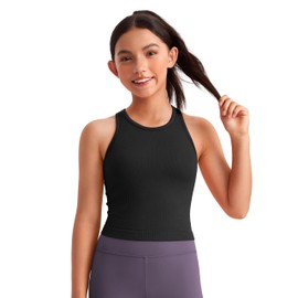 CRZ YOGA Girls Seamless Ribbed Longline Sports Bra - High Neck Racerback Training Yoga Bra for Teens Kids Dance Crop Top Black Small