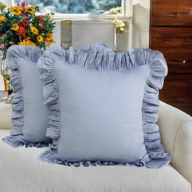 Lemfux Couch Pillow Covers Blue Ruffle Euro Pillow Shams,Set of 2, 24x24 Inch Cotton Decorative Pillowcases Shabby Chic Pillow Cases Pillow Cover Standard Size Coquette Pillow Covers
