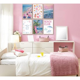 6 piezas de arte de pared de playa costera rosa para playa, paraguas de playa, fotos de tablas de surf, pósteres de surf, impresión de conchas costeras, pintura de playa, nieta, lona estético