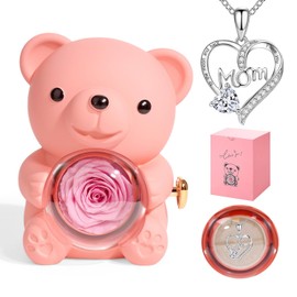 YOERMD Cute Teddy Bear with Preserved Rose Gifts for Mom,Romantic Rose Flower Bear Teddy, Eternal Flowers with Mom Necklace Gifts for Mothers from Daughter and Son (Pink)