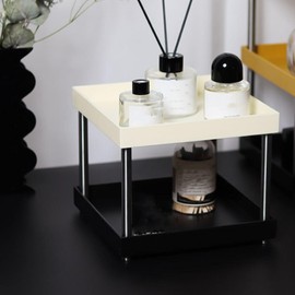 AZMUDE Kitchen Shelf, 2 Tier Non-Slip ABS Square Countertop Organiser, Kitchen for Bedroom, Office, Gadgets, Makeup (White Black)