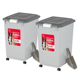 Iris Ohyama IRIS USA Dog Food Storage Container 50 lbs, 2-Pack with Wheels, Airtight Lid, 2-Cup Scoop, Double Pet Food Storage, Built in Scoop Storage in Lid, Versatile Pet Food Bin, Portable, Gray/Dark Gray