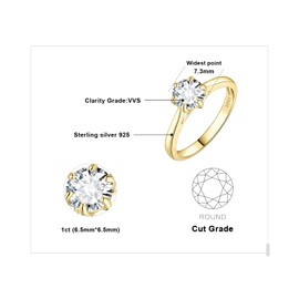 JewelryPalace Classic 1ct Cubic Zirconia Solitaire Engagement Rings for Women, 14K Yellow Gold Plated 925 Sterling Silver Promise Ring for Her, Round Cut CZ Anniversary Wedding Rings Size J