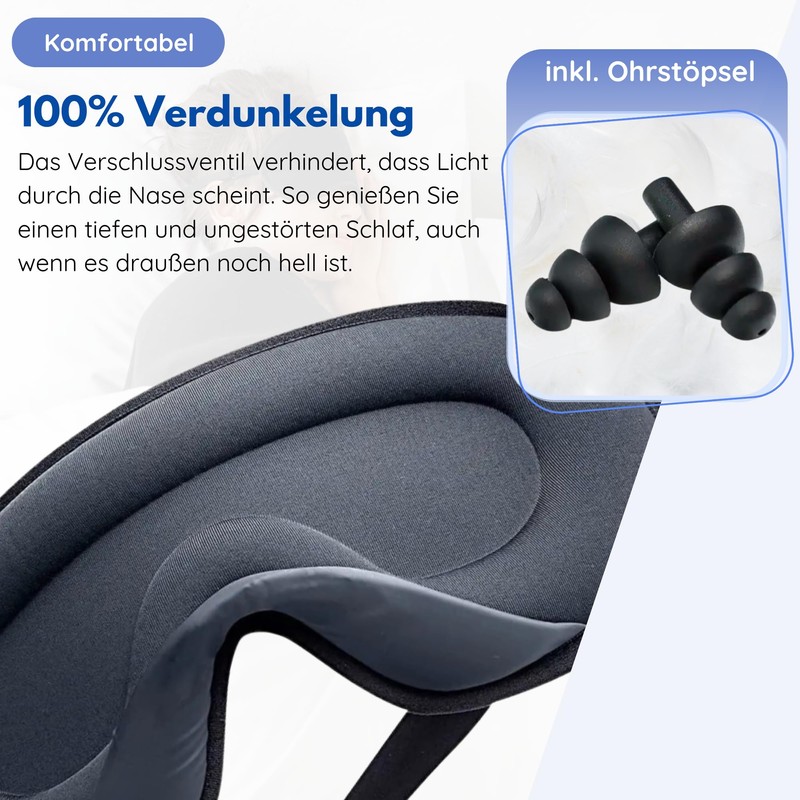 Hilvard Schlafmaske, Augenmask, inklusive Schlaf-Ohrstöpsel, 100% Verdunkelung, Verstellbar, Ergonomisch, Schwarz